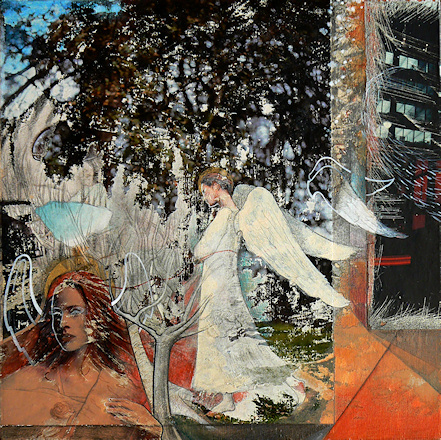 Angeli a passeggio, 2011.
pastel, acrylic and mixed media on board.
Elena Greggio
