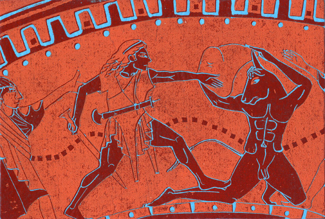 Theseus fights the Minotaur, 2001.
linocut.
Elena Greggio