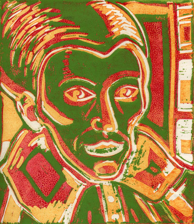 Signore con copricapo, 1999.
linocut.
Elena Greggio